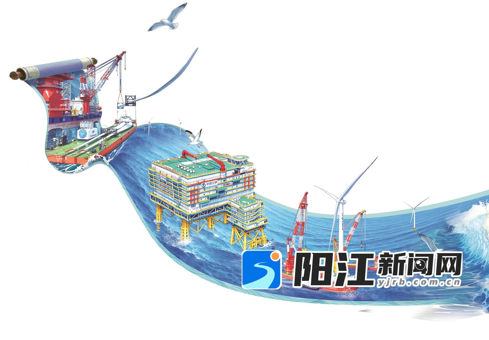 起吊风电叶片。 海上换流站“海风之心”。 海上风电机组安装。